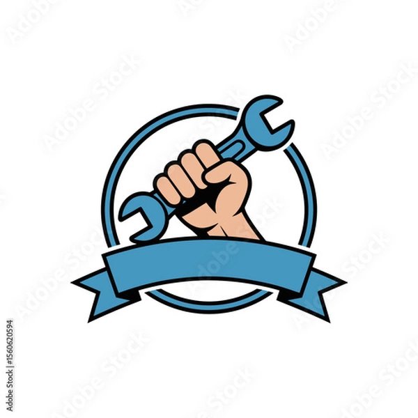 Fototapeta Service Symbol: A strong, determined hand firmly grips a wrench, encircled by a blue ring and adorned with a banner, embodying service and repair with a touch of robustness.