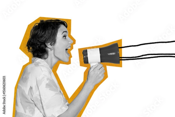 Fototapeta Sketch template design collage composite of young lady hand hold megaphone proclaim government election leader protest democracy citizen