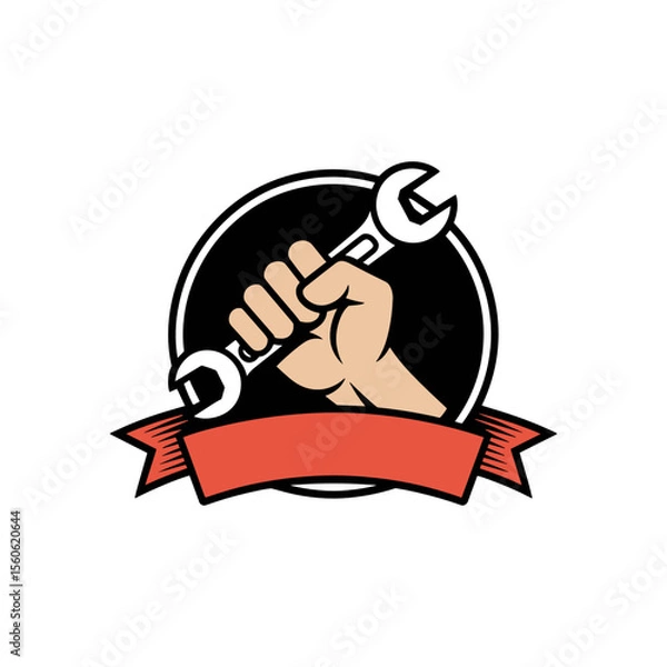 Fototapeta Hand and Wrench Emblem: A stylized emblem showcases a firm hand gripping a wrench within a circular frame, a blank banner beneath it. This represents a symbol of industry and mechanical skill.