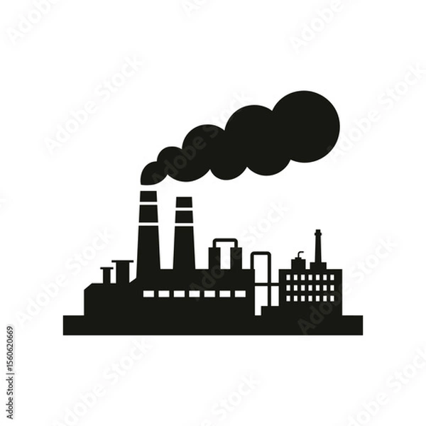 Fototapeta Industrial Silhouette: The image captures a stark silhouette of a factory, with smokestacks billowing dark smoke. The illustration is a symbol of industry, progress and environmental impact.