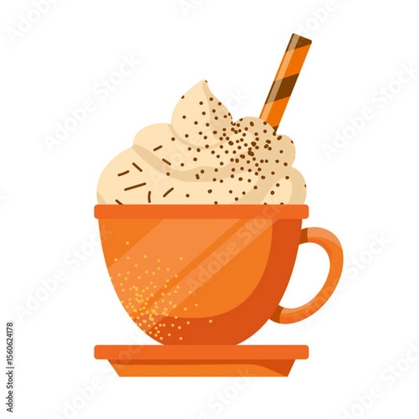 Fototapeta Vector pumpkin spice latte isolated on white background. Autumn coffee with whipped cream