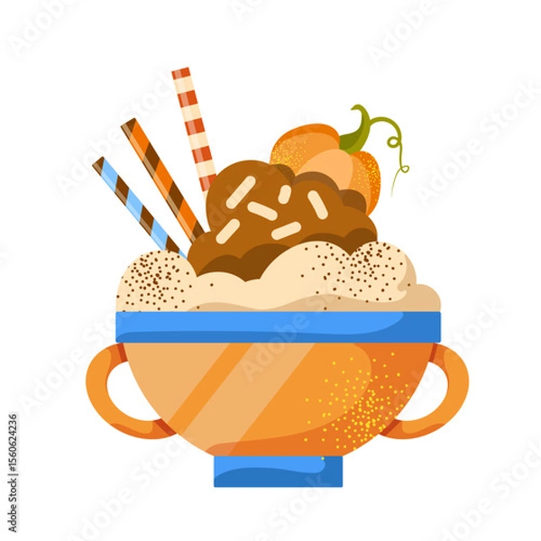 Fototapeta Vector pumpkin spice latte isolated on white background. Autumn coffee with whipped cream