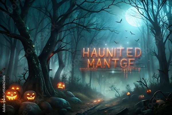 Fototapeta A spooky haunted forest at night with a full moon glowing jack o lanterns bare trees mist and flying bats creates a terrifying halloween atmosphere for your holiday designs