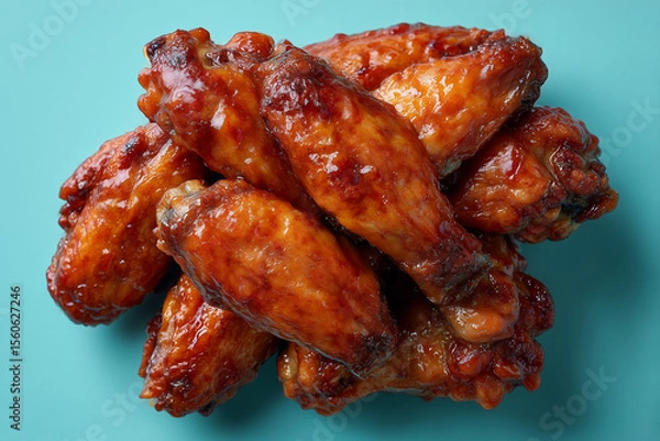 Fototapeta Deliciously glazed chicken wings piled high on a bright blue background, perfect for any gathering or celebration