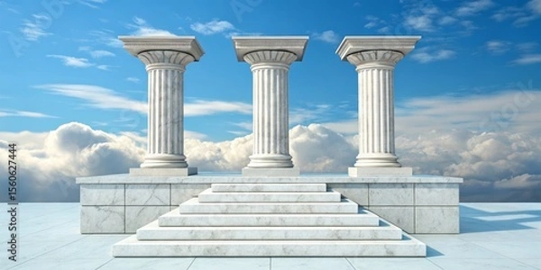 Obraz Three Doric Columns on Marble Platform in Cloudscape, 3D Render, Architecture, Classical Classical Architecture, 3D Rendering
