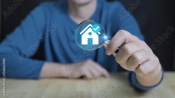 Fototapeta magnifying glass focuses on a digital house icon, representing property search, online real estate analysis, home inspection, and smart property technology. visuals related to housing market research