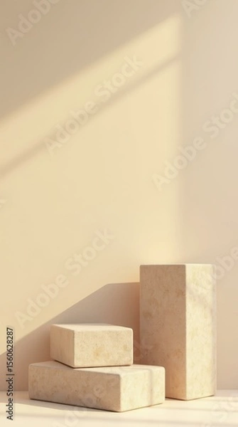 Fototapeta Minimal natural stone blocks on beige pastel background — vertical mockup for product presentation or social media