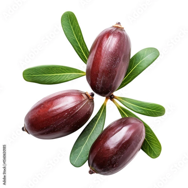 Fototapeta Three argan fruits with green leaves isolated on transparent background