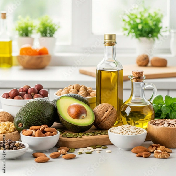 Fototapeta Healthy fats and seeds on white kitchen counter with natural light avocado olive oil nuts and basil in bright food flat lay