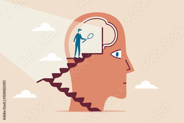 Fototapeta Psychology or brain analyze for human intelligence, memory, mindset or mental wellbeing, neurology or psychotherapy concept, man walk up the stair to open human head see mystery secret of human brain.