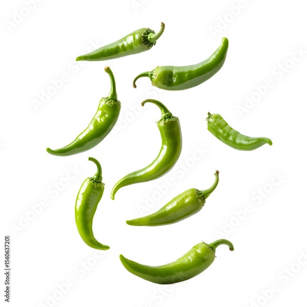 Fototapeta A collection of fresh green chili peppers with a glossy sheen scattered across a black background isolated on transparent background