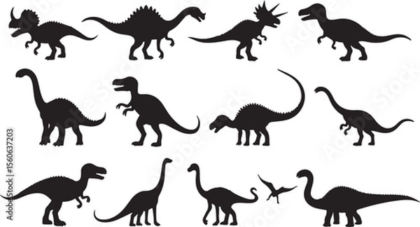 Fototapeta A striking vector collection of black wild animal and dinosaur silhouettes, perfect for nature and zoo-themed illustrations