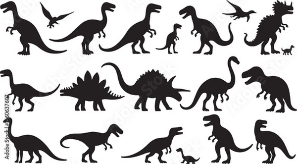 Fototapeta Black vector silhouettes of wild animals, including a cat, horse, wolf, dog, deer, elephant, and dinosaur, isolated as a collection