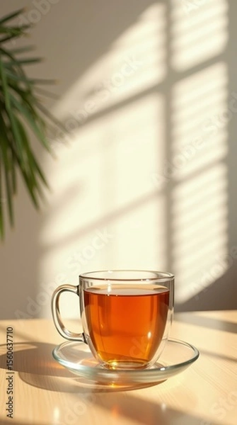 Fototapeta Morning tea scene with natural light and wood texture — vertical stock image for wellness and lifestyle content