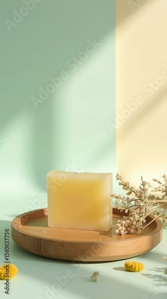 Fototapeta Minimal wellness soap product on wood — clean pastel vertical background for modern branding and ecommerce