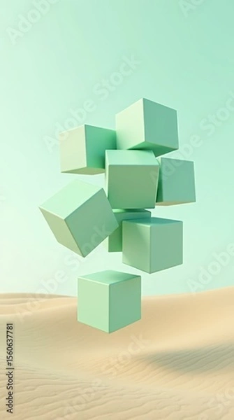 Fototapeta Mint green blocks on sand background — vertical scene for digital product display