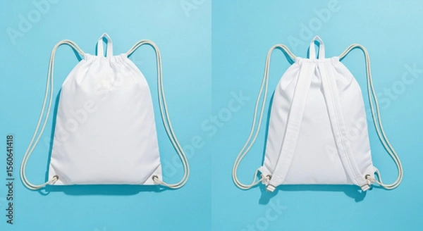 Obraz A clean split view mockup showcasing a plain white drawstring backpack on a vibrant turquoise background featuring front and back views  lightweight design 