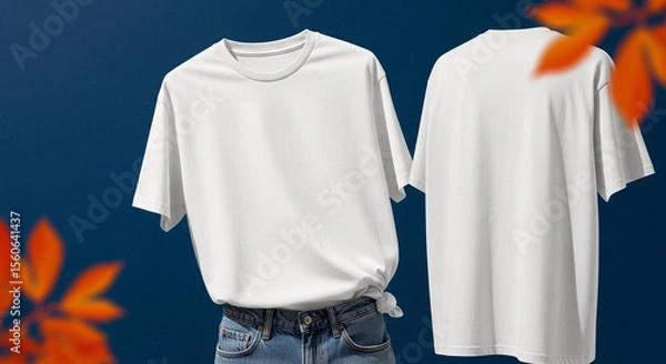Obraz Two blank white short sleeve t shirts on royal blue background with blurred orange autumn leaves casual fall fashion look