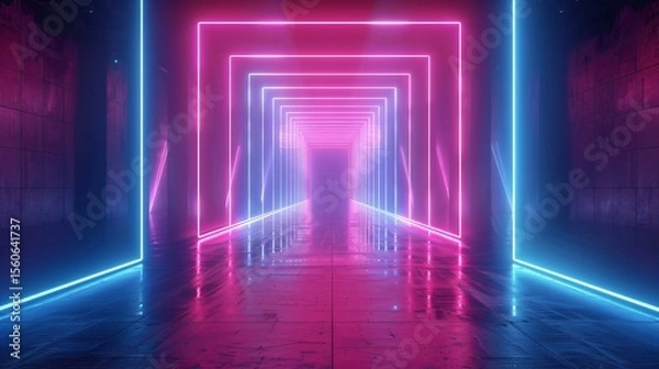 Fototapeta 3D render abstract neon backdrop, minimalist style, pink-blue lines ascending, glowing in UV spectrum