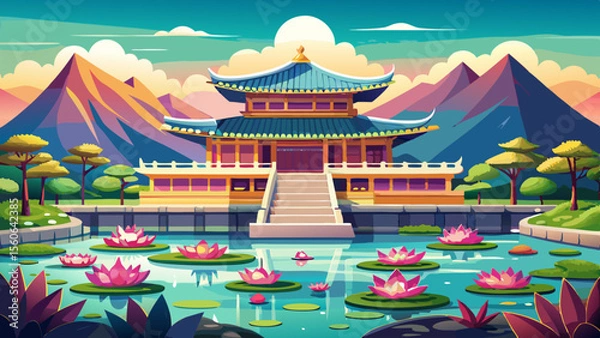 Fototapeta Gyeongbokgung Palace in Seoul, South Korea stands peacefully with its sweeping tiled roofs, lotus ponds, and mountain backdrop—a graceful blend of nature and Joseon dynasty elegance.