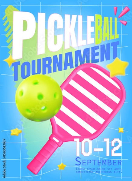 Fototapeta Modern 3D vector illustration of a pickleball tournament poster featuring a realistic pickleball paddle and ball with dynamic stars on a bright background. Perfect for sports event banners, flyers.