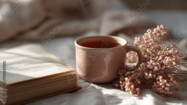 Fototapeta cozy cafe corner with steaming cup of tea and open book creating serene atmosphere for galentines day