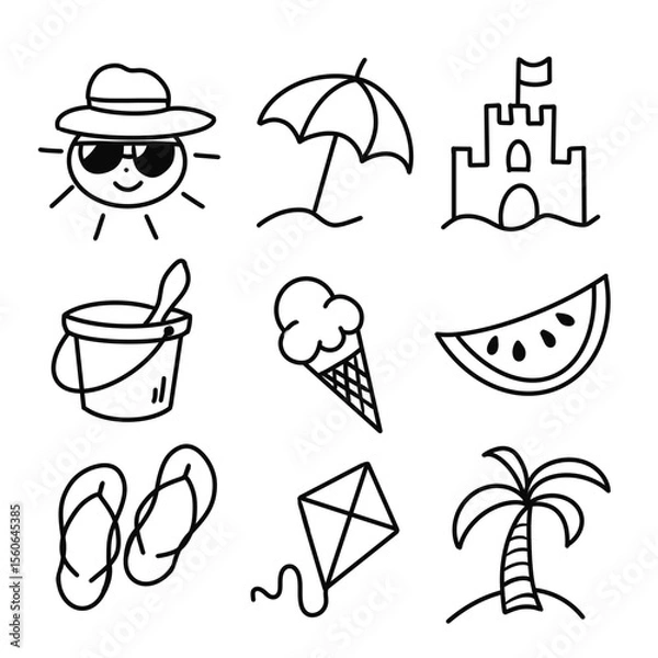 Obraz Summer beach doodle icons with sun, umbrella, and ice cream on white background. 