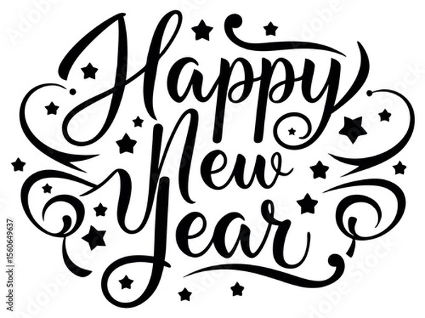Fototapeta Ornate Happy New Year Calligraphy with Stars and Swirls