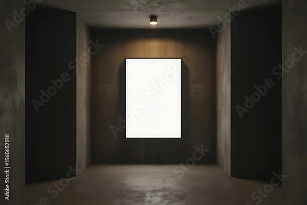Fototapeta Minimalist modern art gallery hallway with a single illuminated blank canvas on a dark concrete wall and a spotlight above