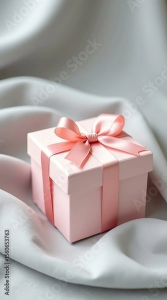 Fototapeta Pastel gift box with silk ribbon on fabric — vertical mockup for product packaging and branding visuals
