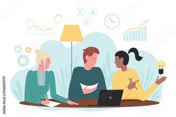 Fototapeta Collaborative team working on finding right solution. Teamwork efficient ability for task completion flat vector illustration