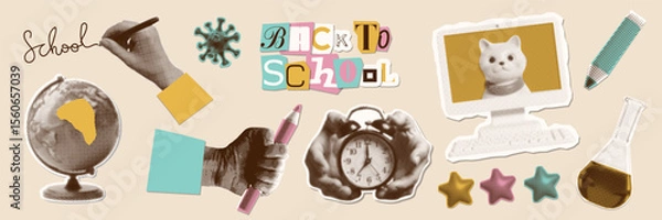 Fototapeta Set with collage torn out paper stickers for back to school or education theme. The halftone hand and study elements - PC screen, globe, alarm clock. Vector dotted illustration