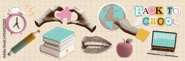 Fototapeta Cute back to school set of cutout paper elements halftone collage on the theme of education. Torn out stickers of Stationery, book, laptop, hands holding puzzle and globe, apple. Vector