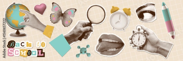 Fototapeta Paper torn out elements set for mixed media halftone collage. Concept of learning, university, college or back to school. Hands holding magnifying glass, stopwatch and more. Vector