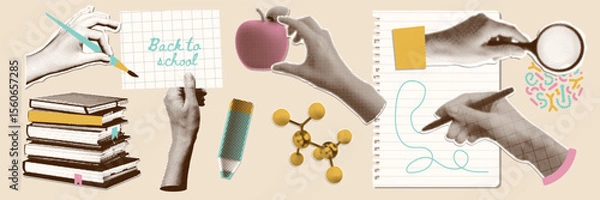 Fototapeta Set of school paper stickers, retro halftone collage elements for media design. Hands holding loupe, apple, painting brush, piece of paper, pen. Vector design on the theme of school, study, university