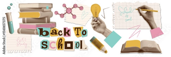 Fototapeta Back to School collage elements set on transparent background with halftone torn out stickers - stack of books, open book, hand writing, pencil and torn paper, evoking excitement for school. Vector