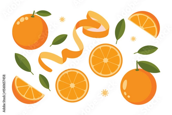 Fototapeta Citrus Harmony: A vibrant composition of fresh oranges and delicate leaves creates a sense of freshness and natural bounty. The image includes whole oranges, peeled sections.