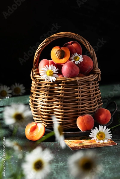 Fototapeta Still life with ripe yellow and red apricots in a wicker basket decorated with daisies. Summer mood. Seasonal fruits. Rustic style