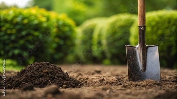 Fototapeta A classic garden scene featuring a sturdy shovel firmly planted in rich, dark earth, with a fresh mound of soil beside it