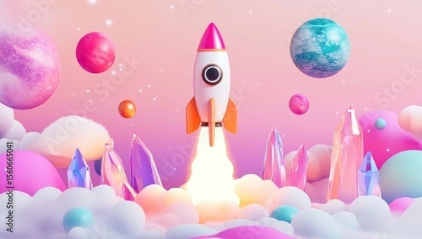 Fototapeta A vibrant, 3D rendering of a rocket launching into a pastel-colored universe, surrounded by clouds, planets, and crystals