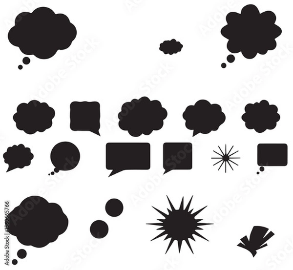 Obraz 
A versatile collection of solid black thought bubbles, speech balloons, and expressive shapes, ideal for conveying dialogue, ideas, and reactions in graphic design.