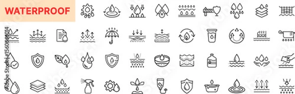 Fototapeta Waterproof Line Icon Design Featuring Water Droplets, Barriers, Layers, Rain Protection, Shields, Repellents, Coatings, Spray Bottles, Water Resistance, Liquid Proofing, and Absorption Prevention