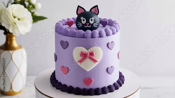 Fototapeta A white cylindrical cake with purple and black accents