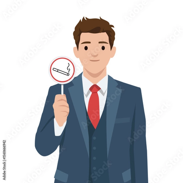 Fototapeta Well dressed man in a suit and red tie firmly holds a no smoking sign, promoting clean environment. Flat vector illustration isolated on white background