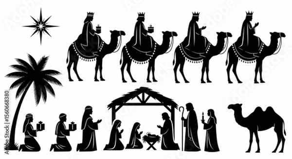 Fototapeta Black Silhouette Nativity Scene with Three Wise Men on Camels, Palm Tree, and Star