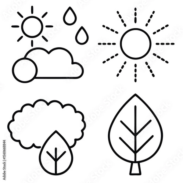 Fototapeta Thin-Line Art Icons Sun, Tree, Leaf, Cloud, and Rain - Nature Illustrations