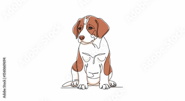 Fototapeta One-Line Drawing of a Sitting Beagle Puppy, Brown and White, Calm Pose