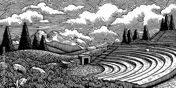 Fototapeta Ancient amphitheatre in open field with mountains and clouds in black and white design
