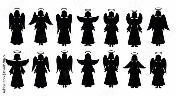 Fototapeta Twelve Black Silhouettes of Angels with Halos, Standing in Two Rows