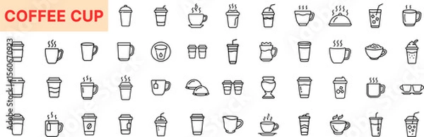 Fototapeta Coffee Cup Line Icon Design Featuring Mugs, Takeaway Cups, Espresso, Cappuccino, Tea, Latte, Coffee Beans, Hot Drinks, Glasses, Straws, Saucers, and Café Beverage Containers